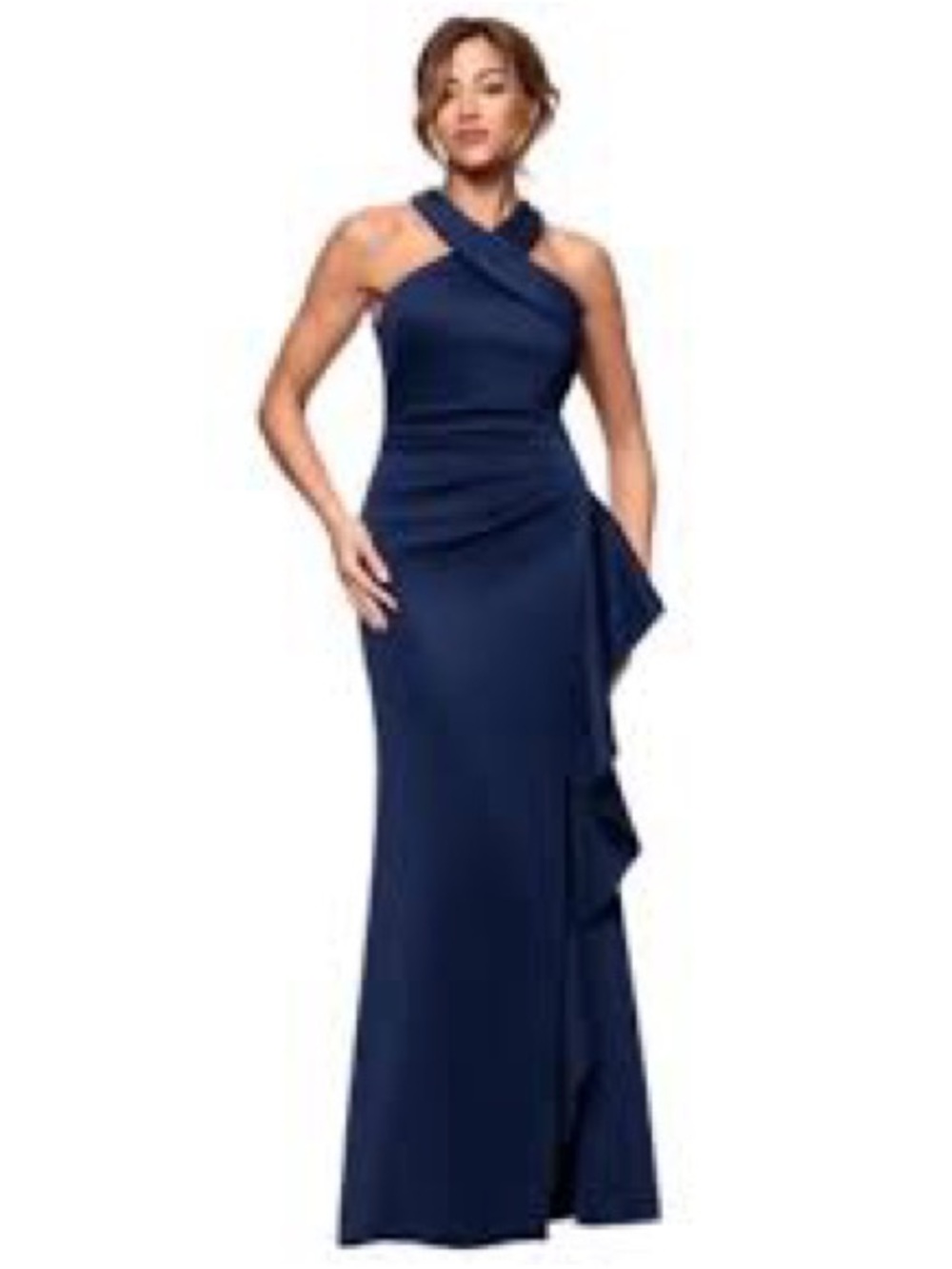 NWOT Xscape Navy Crisscross Halter Ruffle Maxi Gown *broken zipper